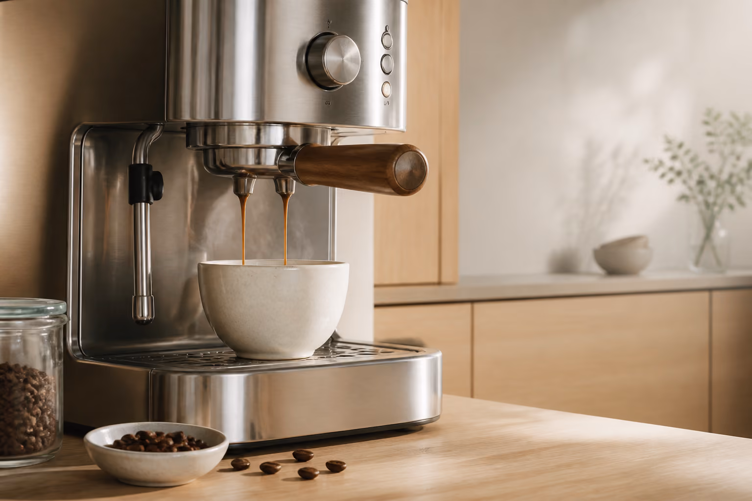 Espresso valuu teräksisestä espressokeittimestä vaaleaan keramiikkakuppiin