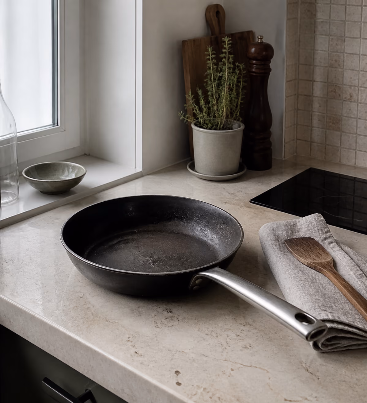 Käytetty paistinpannu suomalaisen keittiön työtasolla